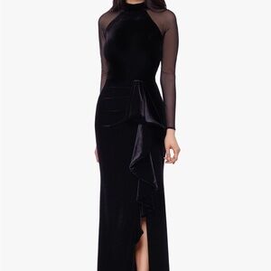 Betsy & Adam “Valentina” Long Velvet Mesh Illusion Sleeve Dress